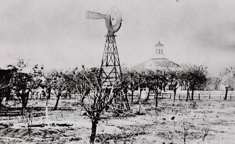The City Park, now De Leon Plaza, before 1884 when the windmill was replaced.  Image is courtesy of Victoria Regional History Center, Victoria College/University of Houston-Victoria Library.
